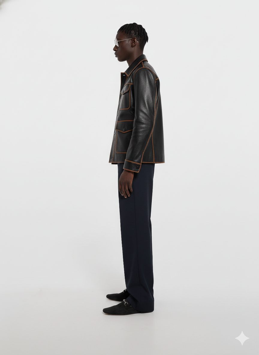 Man in black leather jacket with contrast stitching, navy trousers, and loafers, side profile