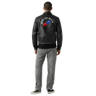 Men's black leather jacket with 'Good for Health' graphic back patch, paired with gray jeans and sneakers