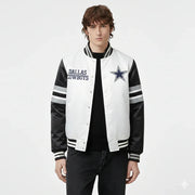 Dallas Cowboys varsity jacket with star logo, white and black design, striped sleeves, button front