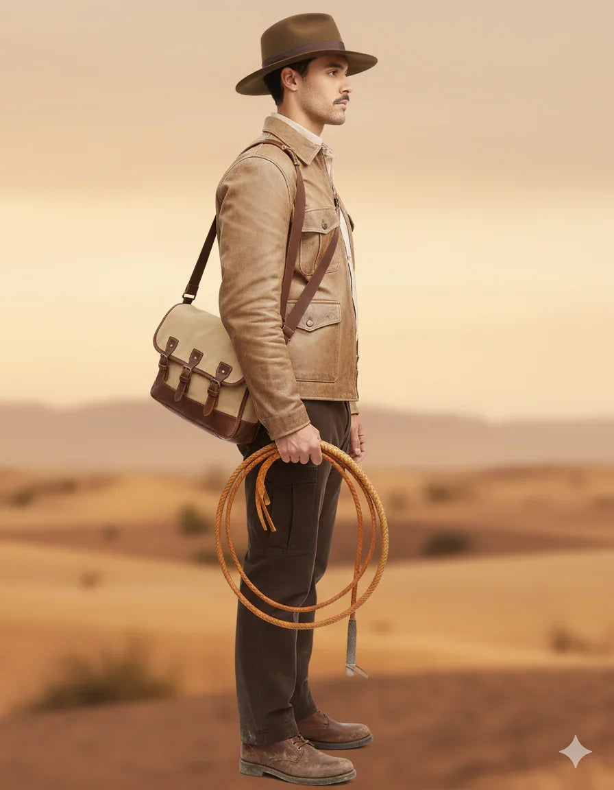 Man in desert wearing tan leather jacket, fedora hat, carrying satchel and coiled rope