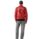 Red leather jacket with 'Good for Health Bad for Education' graphic back design, worn with gray jeans