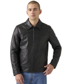 Men's black leather jacket with zip front and collar, styled with blue jeans