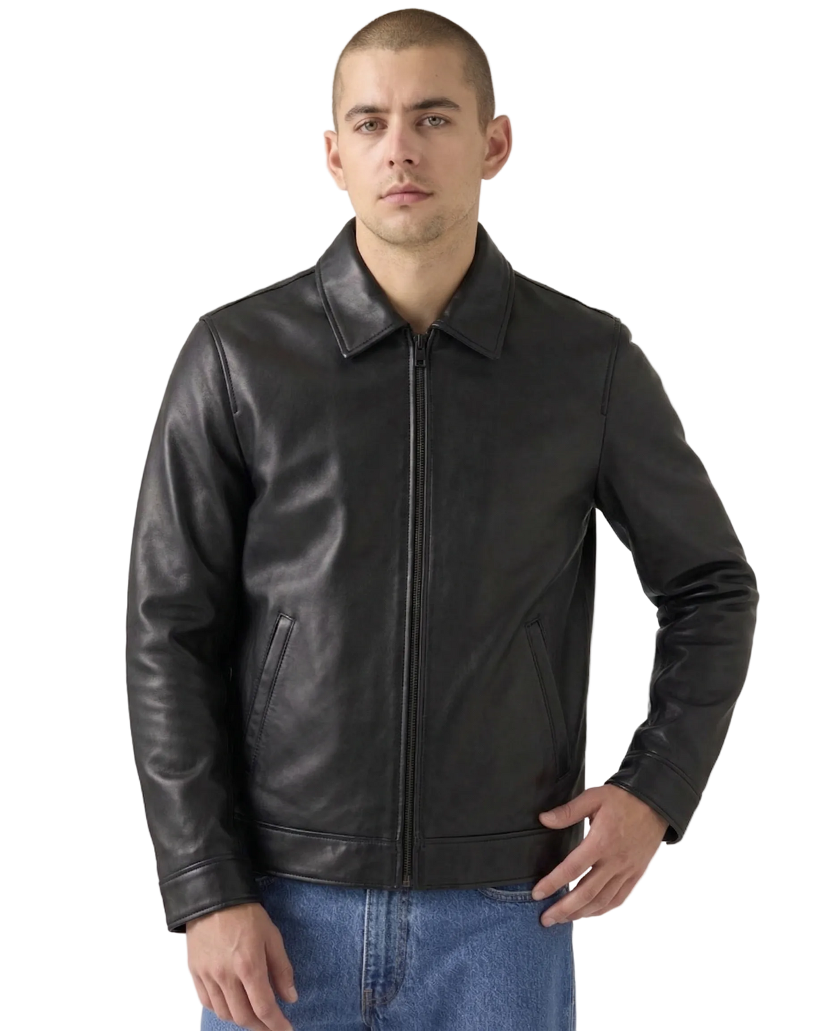 Men's black leather jacket with zip front and collar, styled with blue jeans