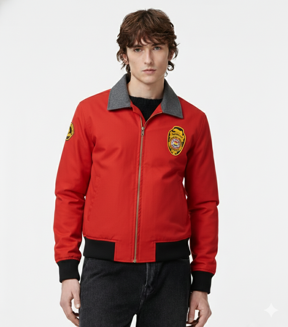 Red bomber jacket with gray collar, black cuffs, and embroidered patches for men