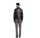 Men's black leather jacket with gray trousers, back view, stylish casual outfit