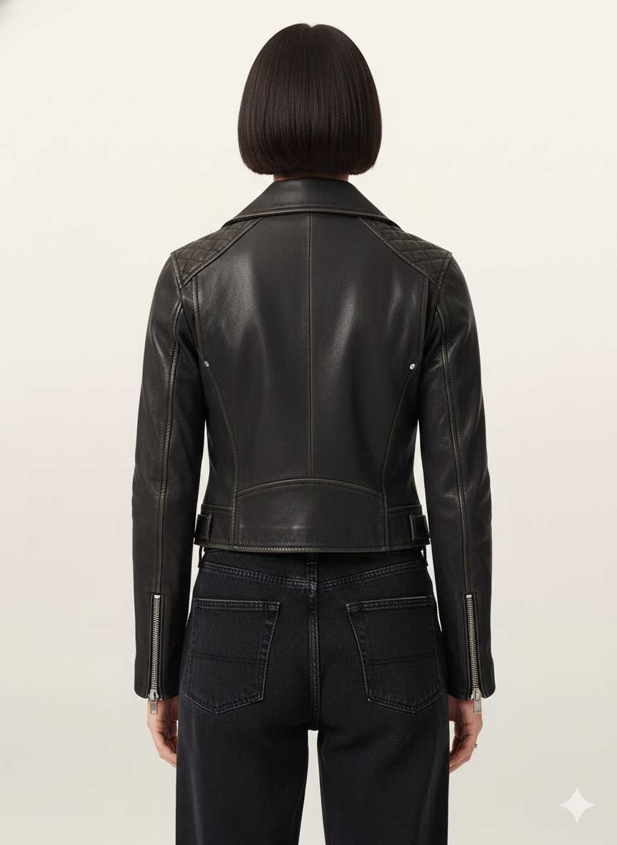Black leather moto jacket with quilted shoulders and back zipper details, worn with dark jeans
