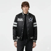 Dallas Cowboys black varsity jacket with star logo and striped sleeves