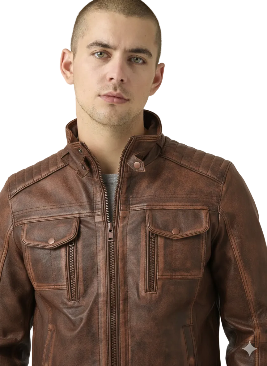 Brown leather jacket with zipper and flap pockets, worn by man