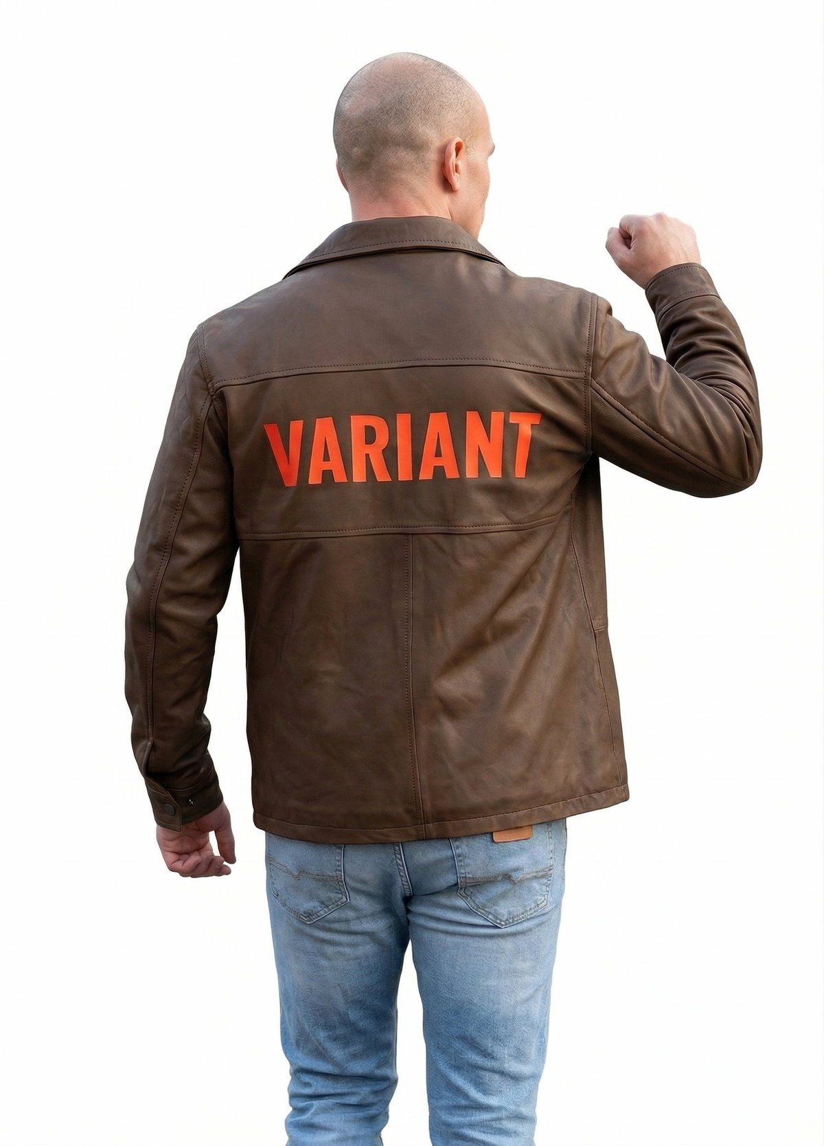 Brown leather jacket with bold orange 'VARIANT' text on back, worn by man in jeans