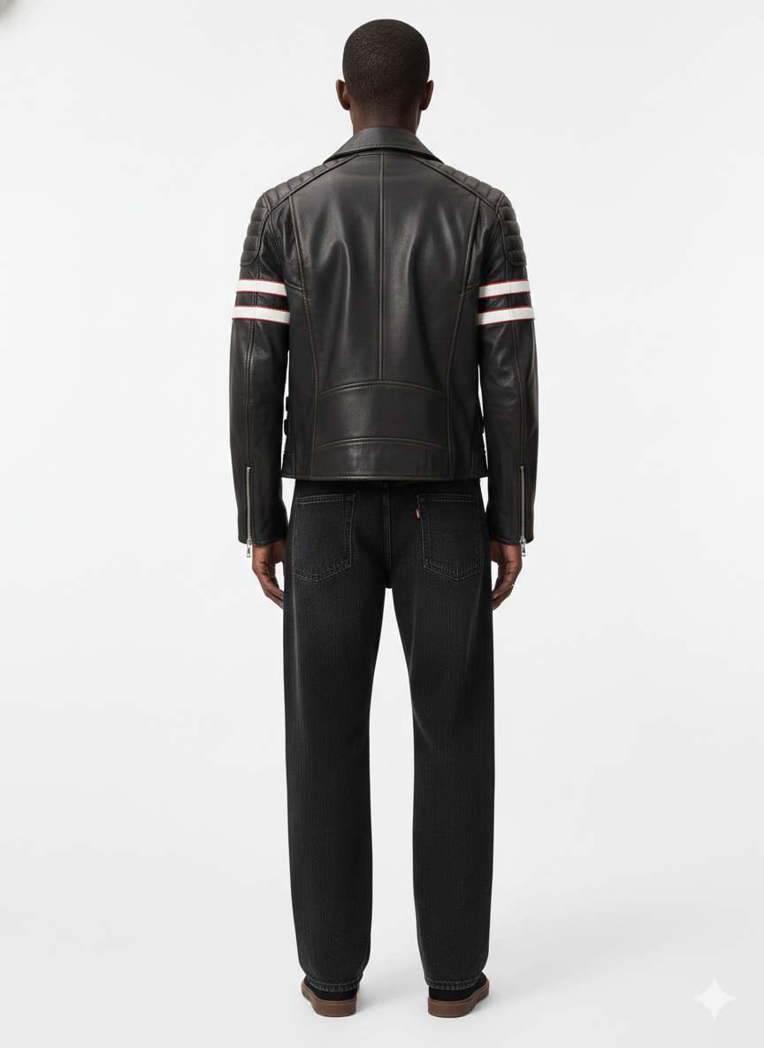 Men's black leather moto jacket with white red stripe sleeves, back view, paired with dark jeans