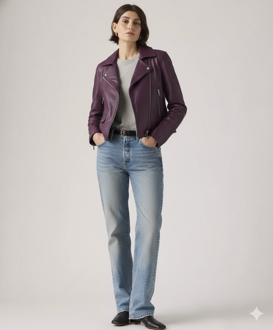 Woman wearing purple leather jacket with blue jeans and black boots