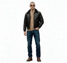 Men's black leather bomber jacket with shearling collar, styled with jeans and boots