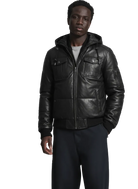 Men's black leather hooded bomber jacket with front pockets and zipper closure