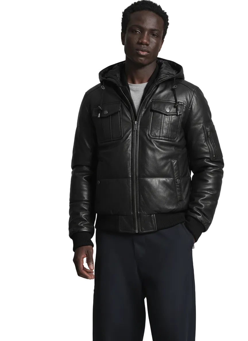 Men's black leather hooded bomber jacket with front pockets and zipper closure