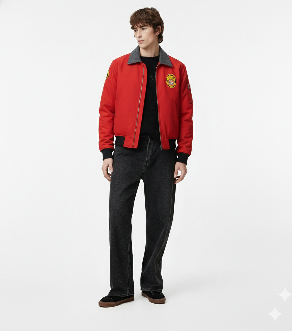 Man wearing red bomber jacket with patches, black sweater, and dark jeans