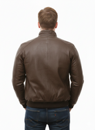 Brown leather bomber jacket back view, men's fashion, casual style with jeans