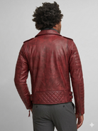Men's burgundy leather biker jacket with quilted back and zipper details