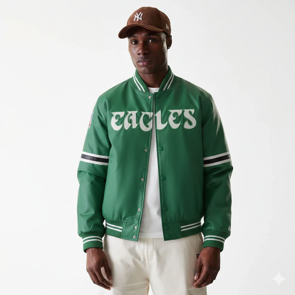 Green Eagles varsity jacket with white lettering, striped sleeves, and snap buttons, worn with a brown cap.