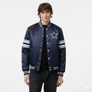 Navy blue varsity jacket with star emblem and striped sleeves