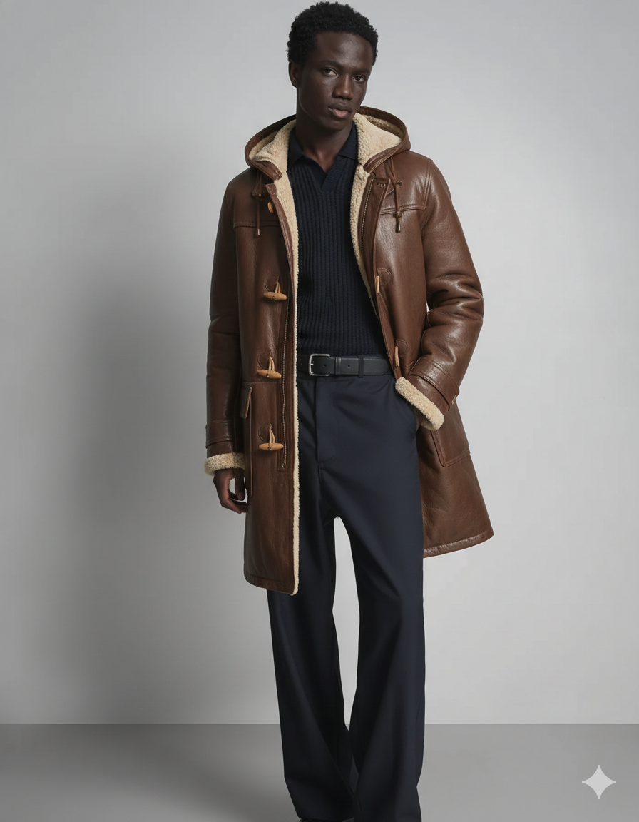 Brown shearling coat with hood, worn over navy sweater and trousers, featuring toggle closures and cozy lining.