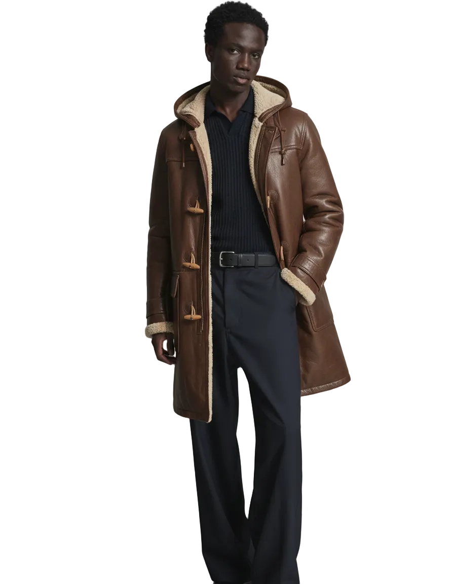 Men's brown shearling coat with hood, toggle closures, and wool lining, styled with navy pants and sweater