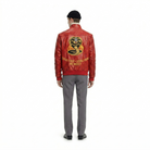 Red leather jacket with Cobra Kai logo and 'Strike First, Strike Hard, No Mercy' text on back