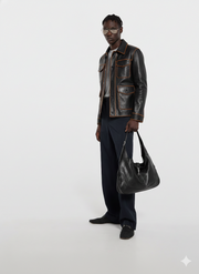 Man in black leather jacket with contrast stitching, dark pants, sunglasses, and black shoulder bag