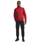 Men's red bomber jacket with gold buckles, black cargo pants, and combat boots