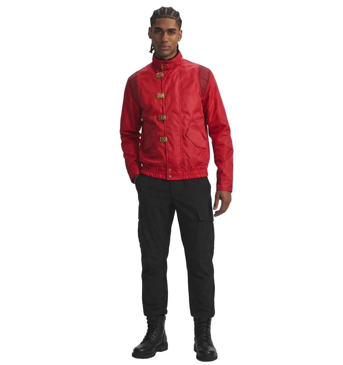 Men's red bomber jacket with gold buckles, black cargo pants, and combat boots