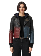 Women's quilted leather moto jacket with color-block design, hooded, zippers, and gold hardware