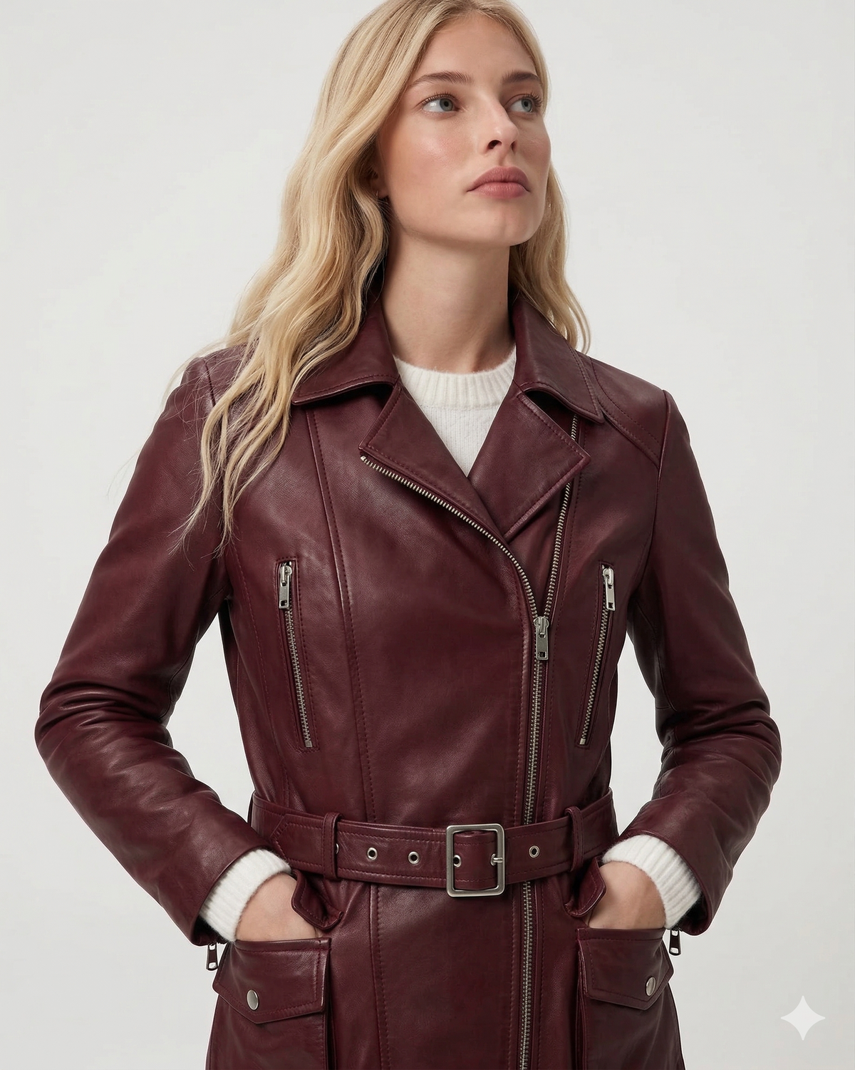 Burgundy leather moto jacket with belt, zippers, and pockets worn over white sweater