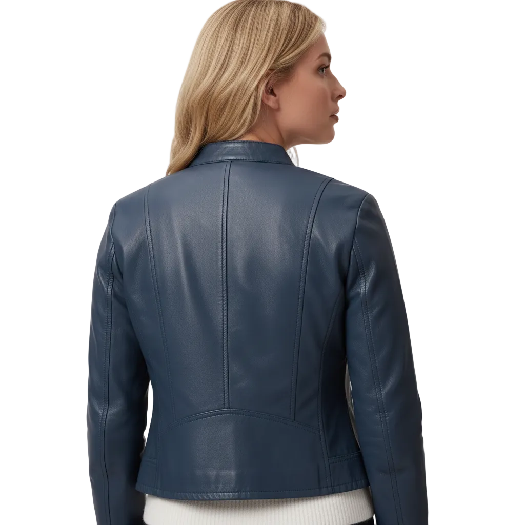 Navy blue leather jacket with back seam detailing, worn by woman, stylish outerwear