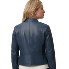 Navy blue leather jacket with back seam detailing, worn by woman, stylish outerwear