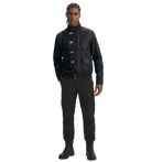 Men's black bomber jacket with gold toggles, cargo pants, and combat boots for streetwear style