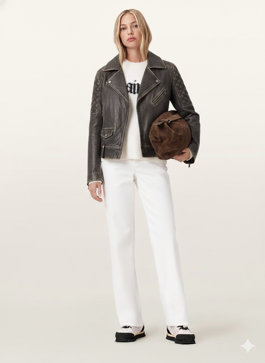 Woman in distressed leather moto jacket, white jeans, and chunky sneakers holding brown suede bag