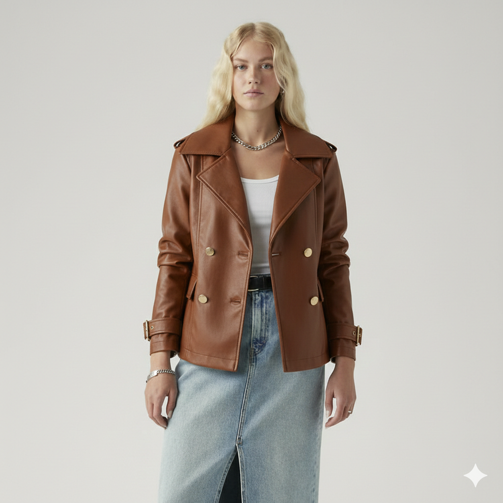 Brown leather moto jacket with gold buttons, worn with white top and denim skirt