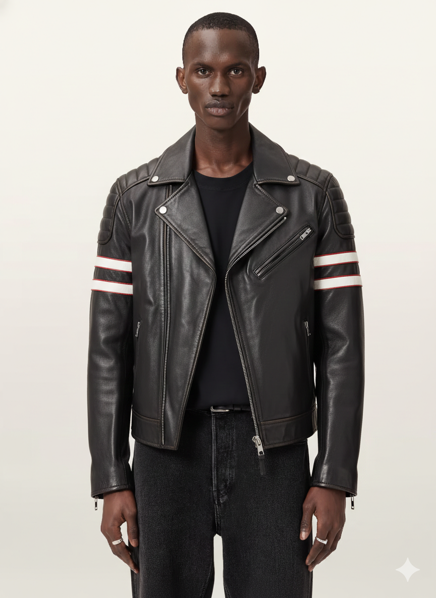 Men's black leather moto jacket with white and red stripe accents on sleeves, front zipper, and quilted shoulders
