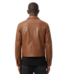 Men's brown leather jacket back view, classic fit with snap cuffs and waistband