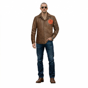 Man wearing brown leather jacket with orange emblem, blue jeans, and sunglasses