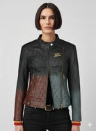 Women's quilted moto jacket with ombre color block, gold zippers, and embroidered logo
