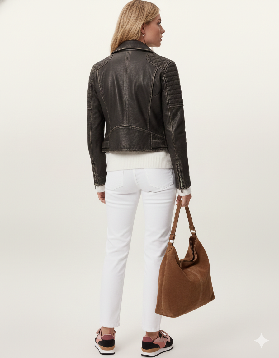 Woman in black leather moto jacket, white jeans, and brown suede tote bag, back view