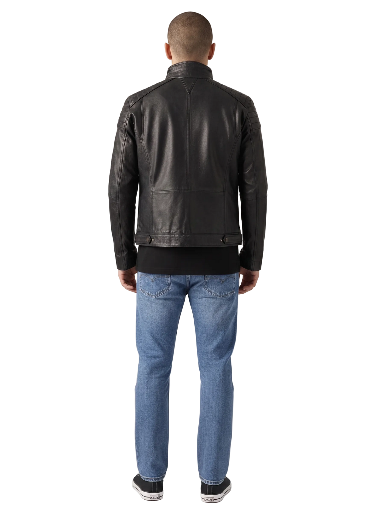 Men's black leather moto jacket with quilted shoulders, back view, paired with blue jeans and sneakers