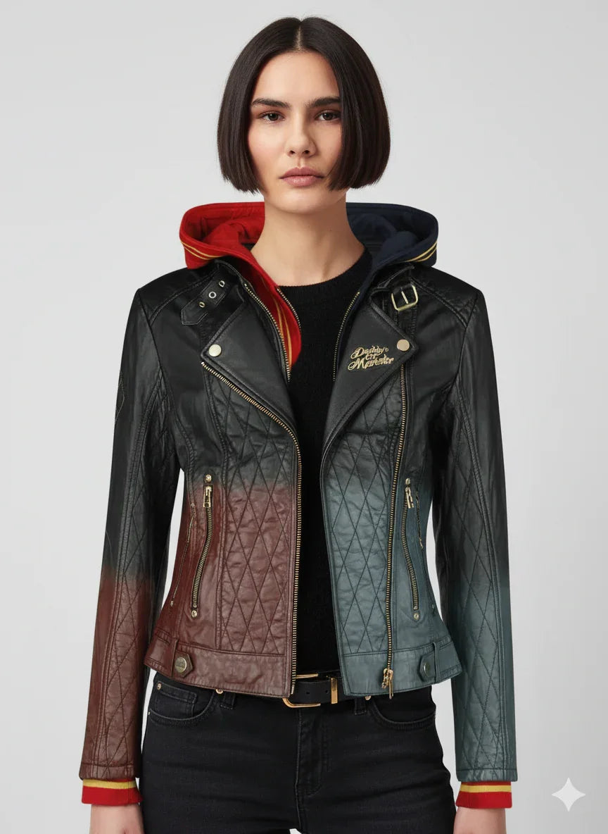 Women's quilted moto jacket with color-block design, gold zippers, and hooded lining