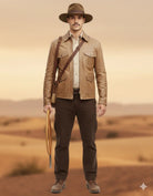 Man in tan leather jacket, safari hat, and cargo pants holding whip, desert backdrop