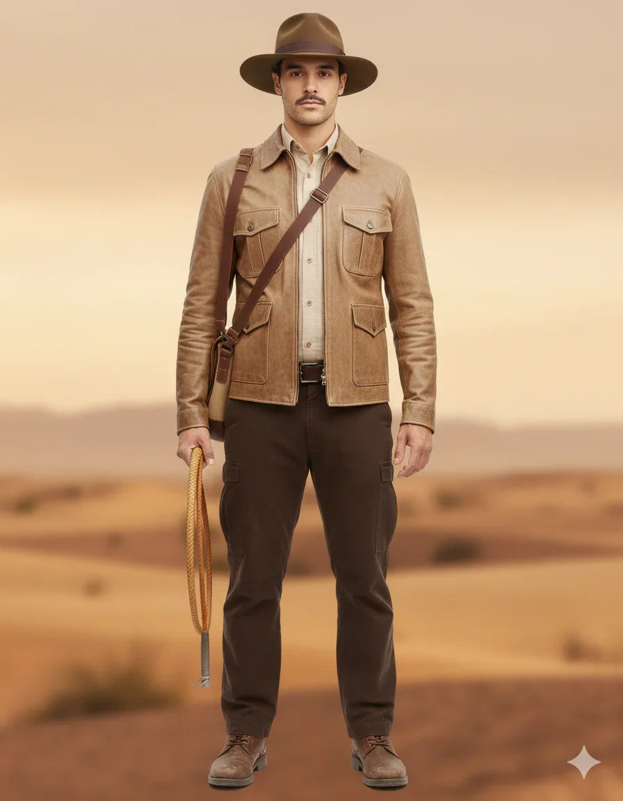 Man in tan leather jacket, safari hat, and cargo pants holding whip, desert backdrop