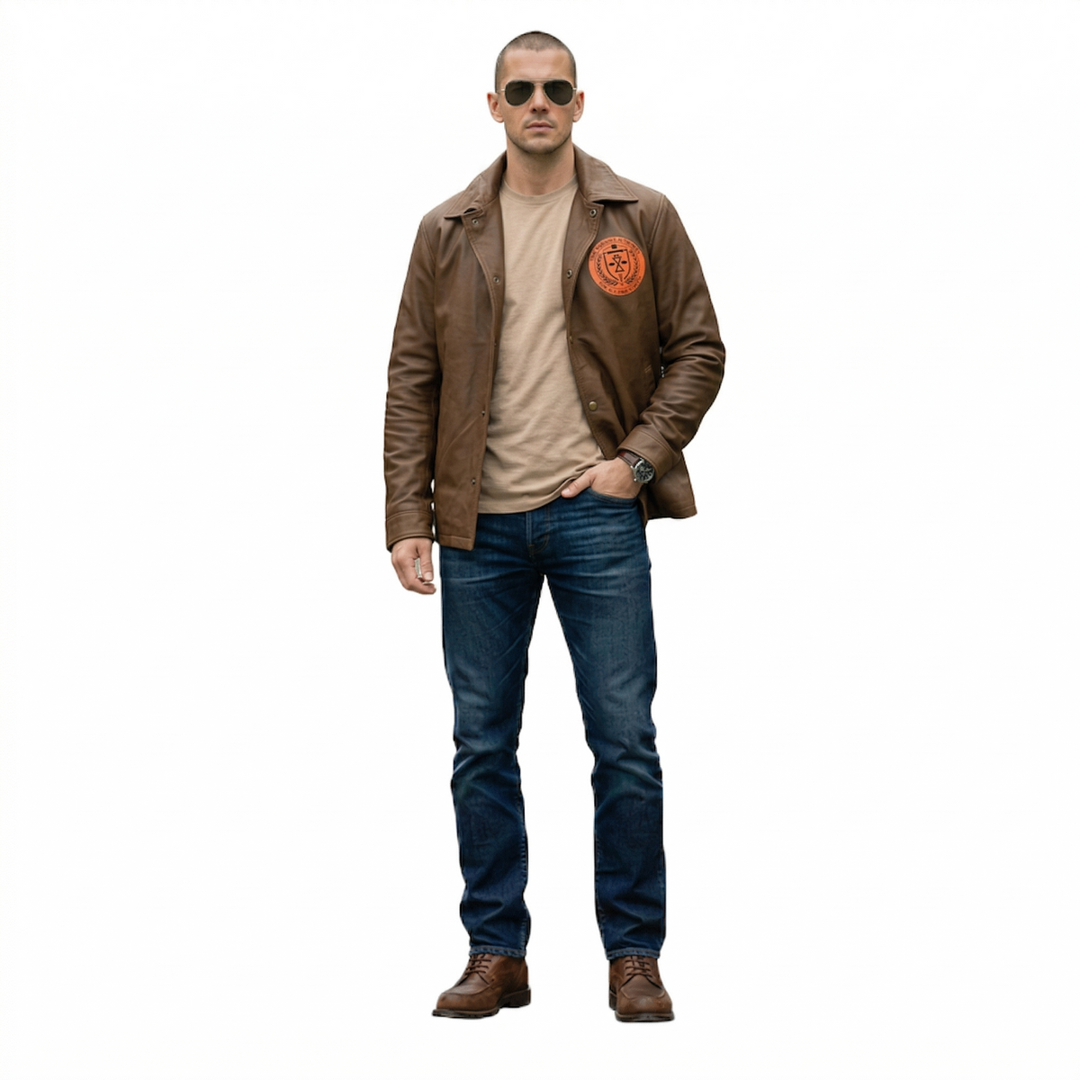 Man wearing brown leather jacket with patch, sunglasses, beige tee, blue jeans, and brown boots