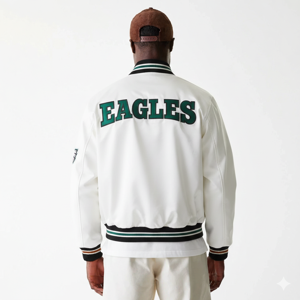 White Eagles varsity jacket with green lettering, striped cuffs and collar, worn by model