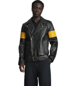 Black leather biker jacket with yellow sleeve stripes and front zipper