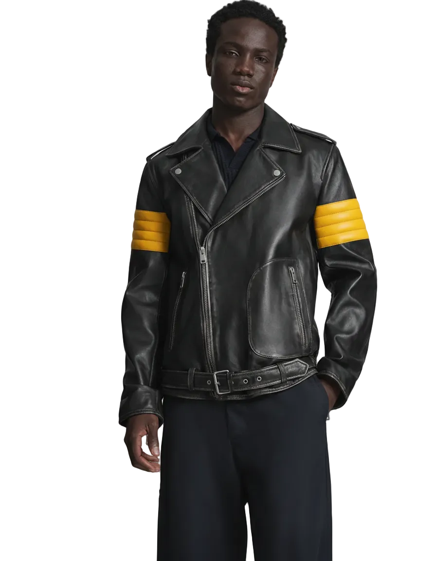 Black leather biker jacket with yellow sleeve stripes and front zipper
