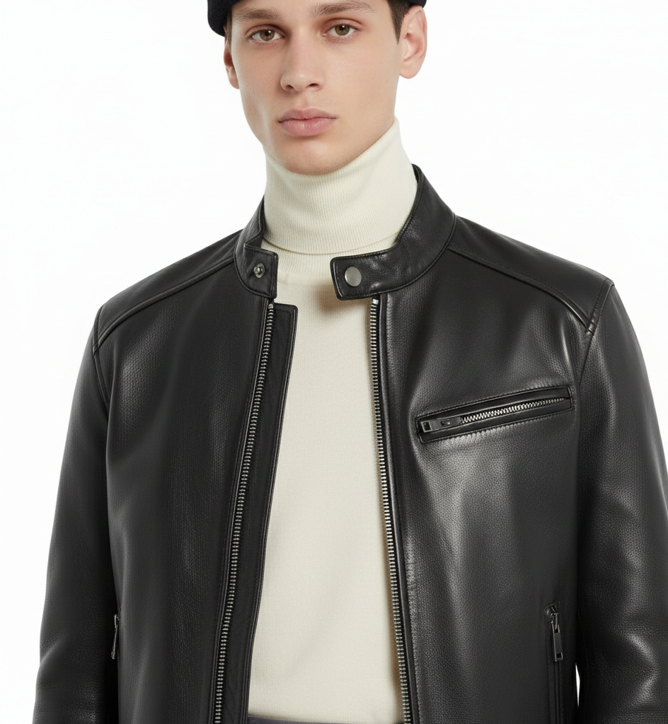 Men's black leather biker jacket with zipper details over cream turtleneck, stylish casual outerwear